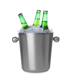 Photo of Metal bucket with beer and ice cubes isolated on white