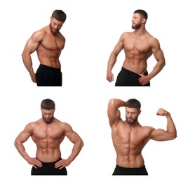 Handsome bodybuilder posing on white background, set of photos