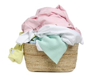 Wicker laundry basket with clean colorful clothes isolated on white