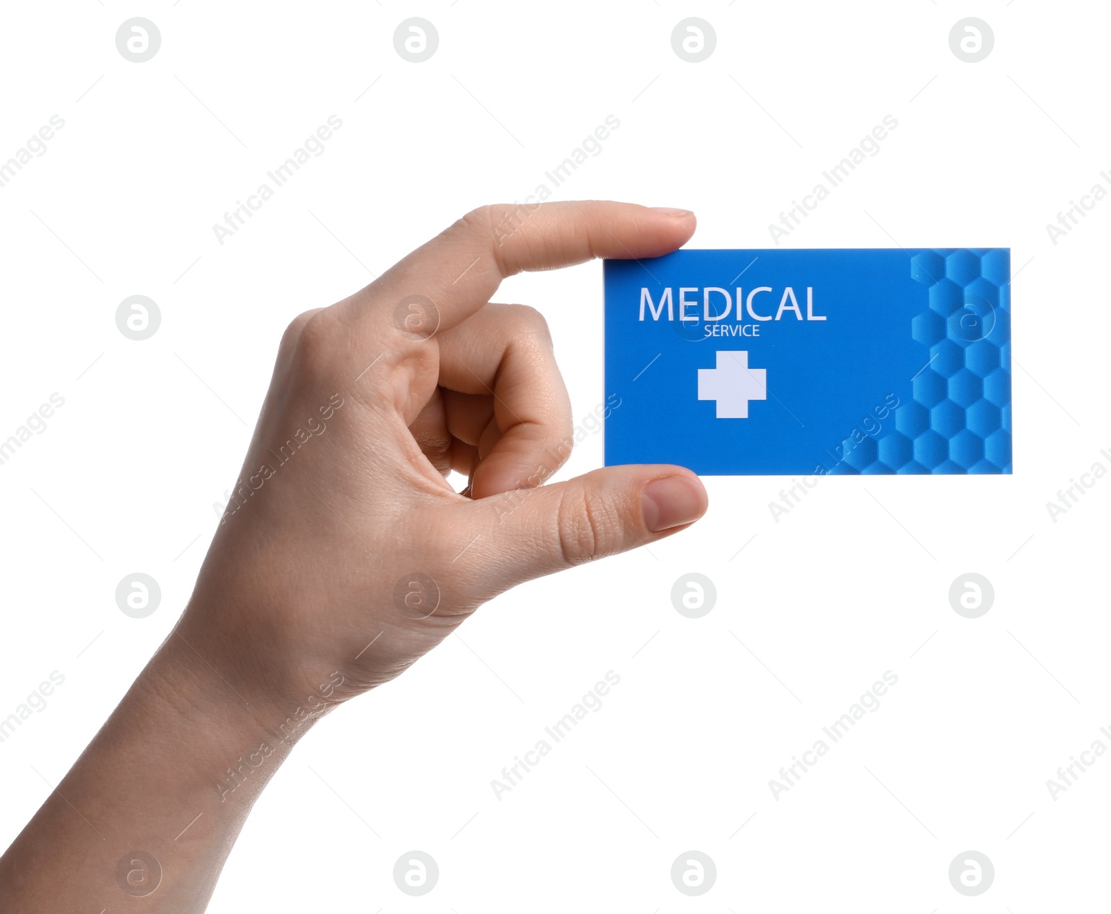 Photo of Woman holding business card isolated on white, closeup. Medical service