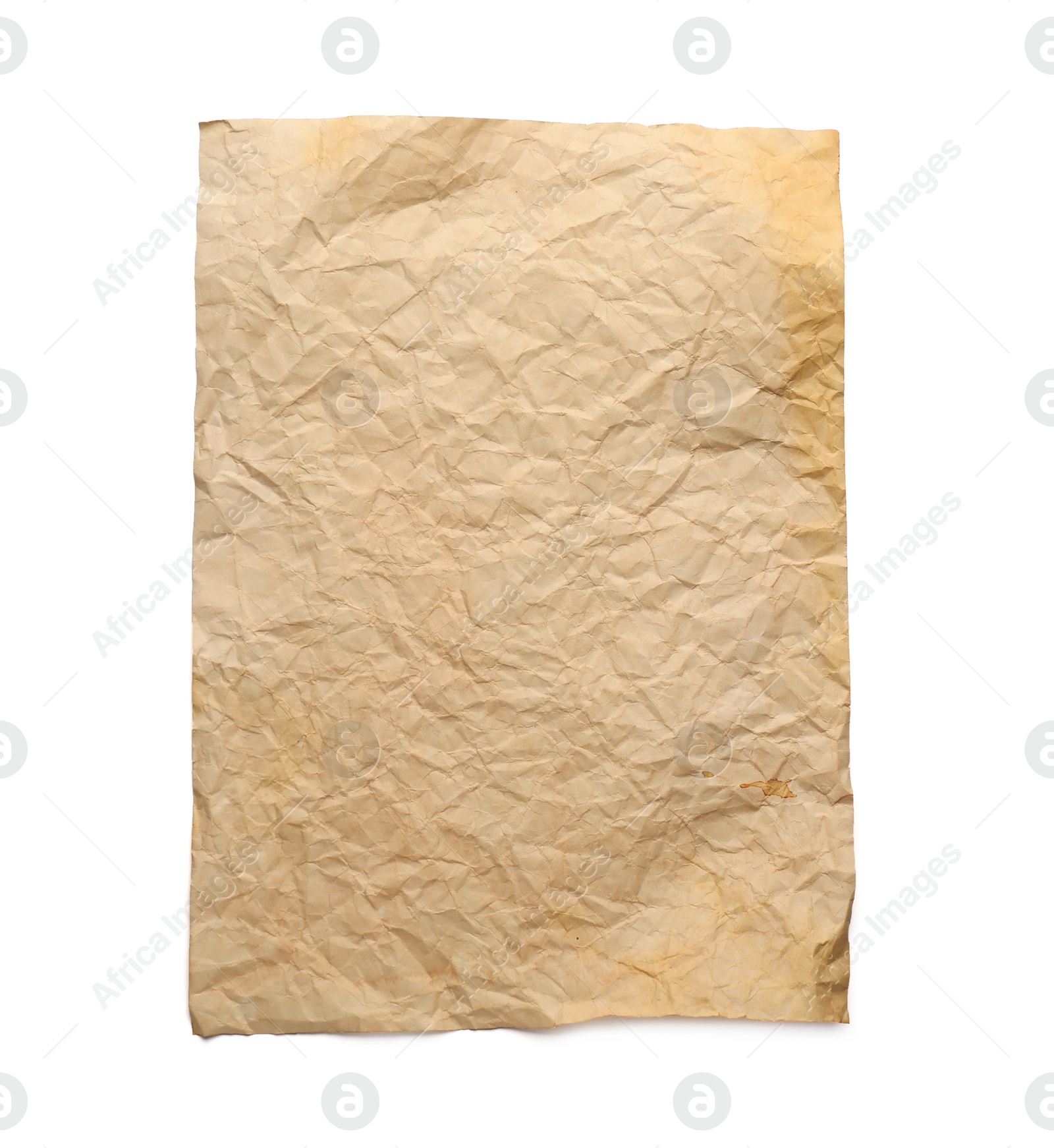 Photo of Sheet of old parchment paper isolated on white, top view. Space for design