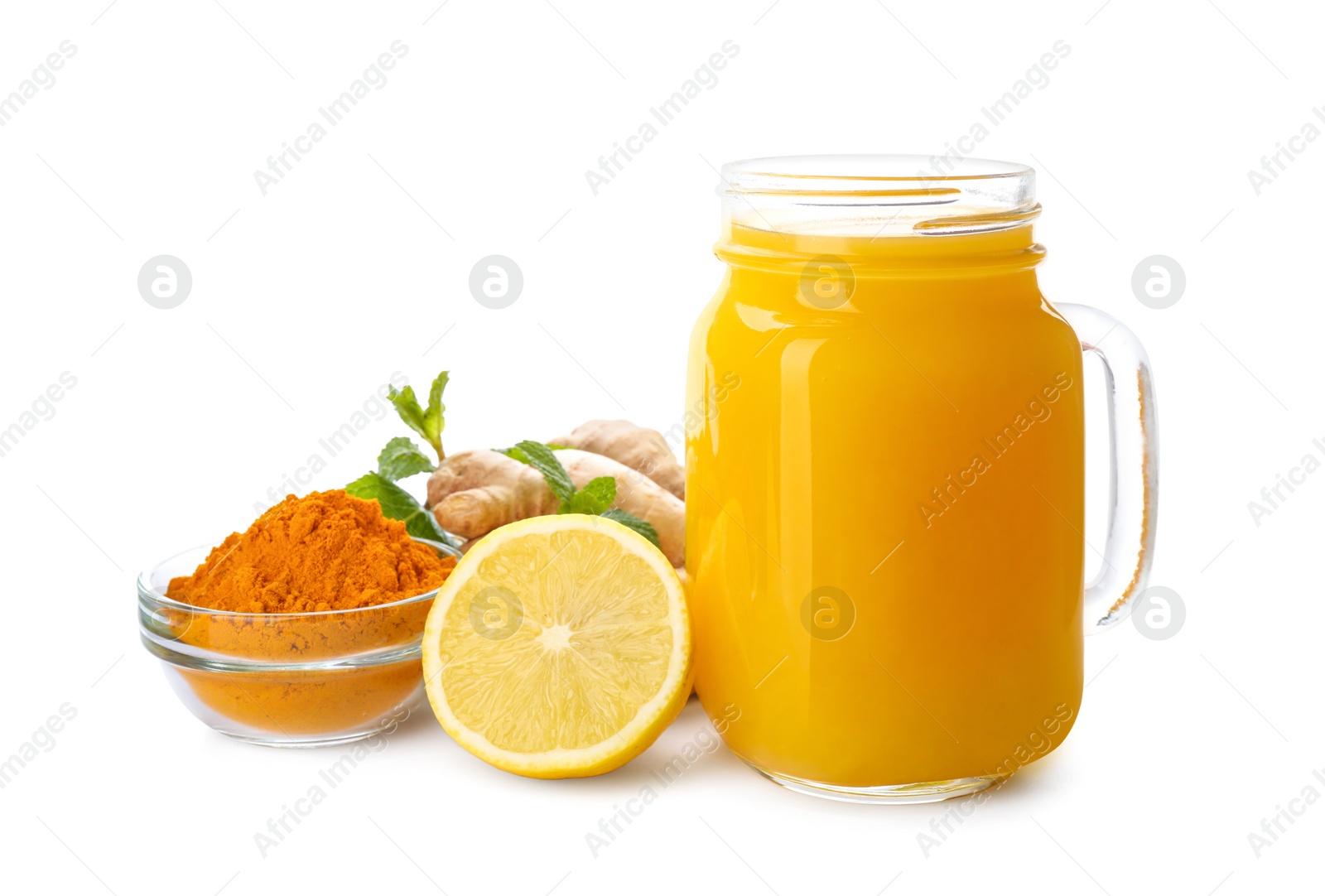 Photo of Immunity boosting drink with lemon, ginger and turmeric on white background