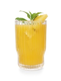 Glass of tasty pineapple cocktail with mint isolated on white