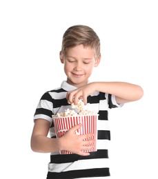 Photo of Cute boy with popcorn bucket isolated on white