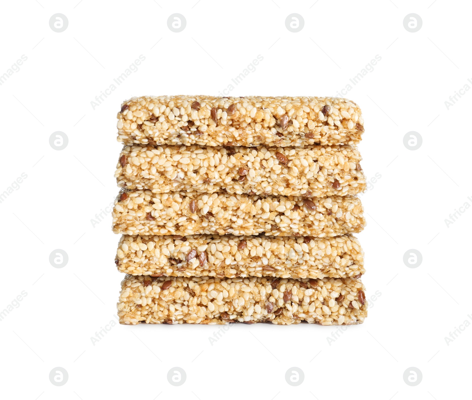 Photo of Tasty sesame seed bars isolated on white