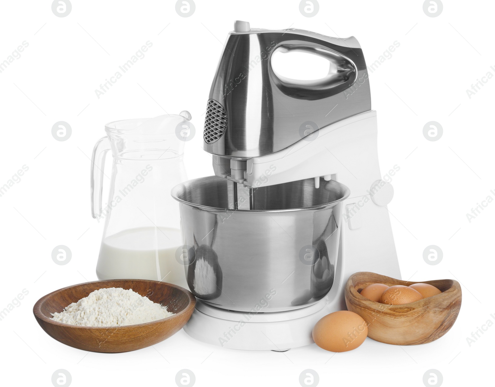 Photo of Stand mixer and different ingredients for dough isolated on white