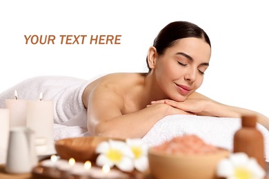 Image of Beautiful woman relaxing on massage table. Spa salon advertising, space for design