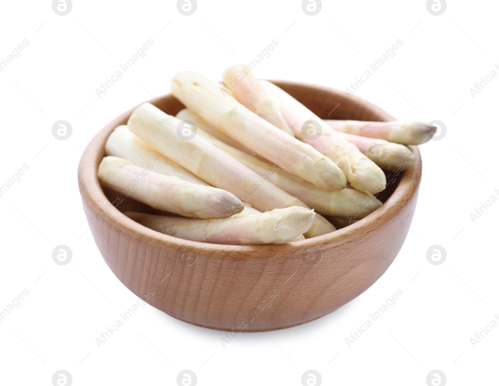 Photo of Fresh raw asparagus in wooden bowl isolated on white