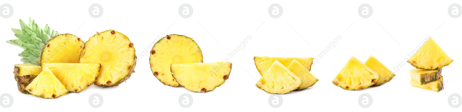 Image of Set with slices of juicy pineapple on white background