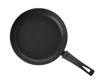 Modern clean frying pan isolated on white, top view