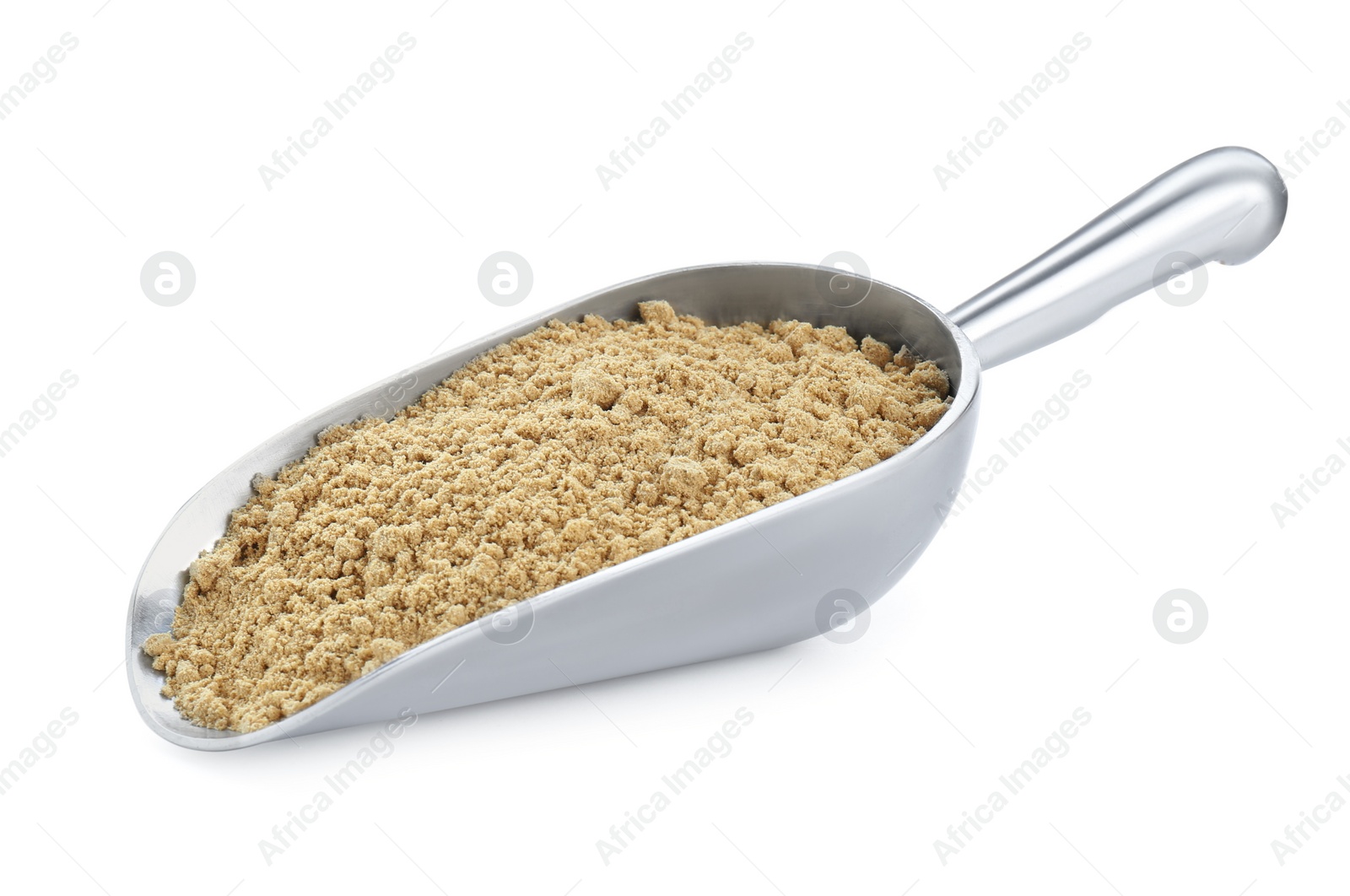 Photo of Aromatic mustard powder in scoop on white background