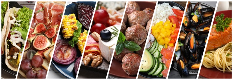 Image of Assortment of tasty dishes. Collage with different meals, closeup