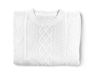 Folded cozy warm sweater on white background, top view
