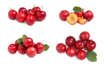 Image of Set with delicious ripe cherry plums on white background 