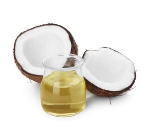 Organic coconut cooking oil and fresh fruit isolated on white