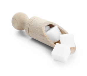 Sugar cubes in wooden scoop isolated on white