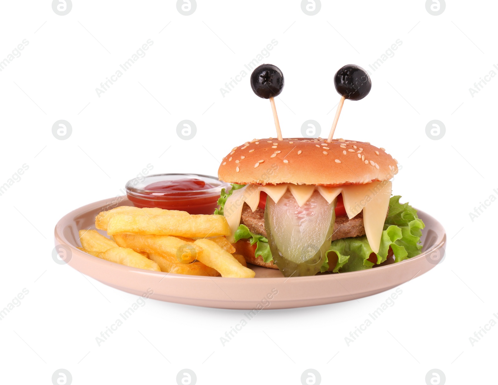 Photo of Cute monster burger served with french fries and ketchup isolated on white. Halloween party food