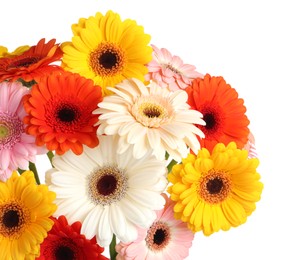 Photo of Bouquet of beautiful colorful gerbera flowers on white background