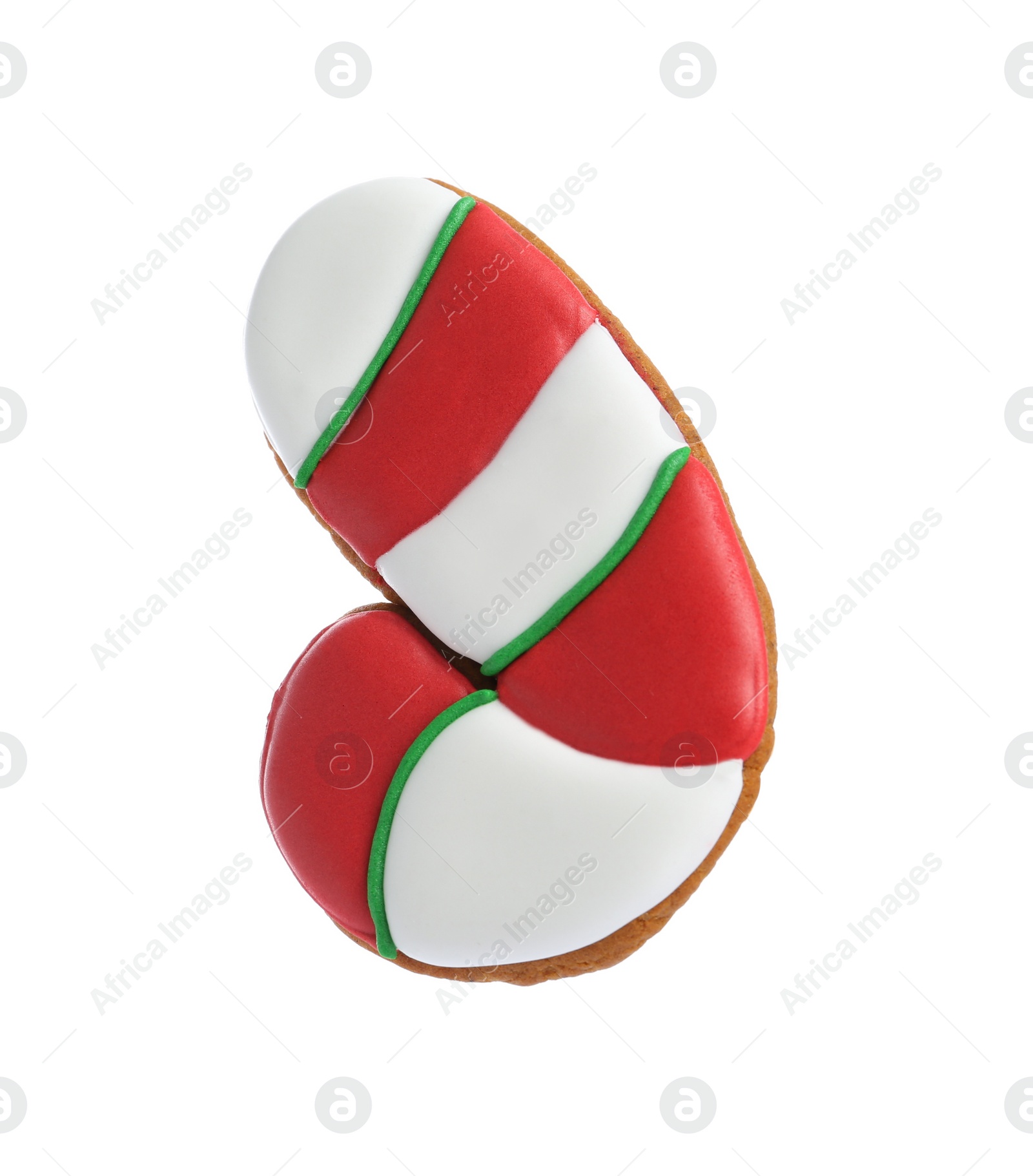Photo of Christmas cookie in shape of candy cane isolated on white, top view