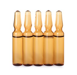 Photo of Glass ampoules with pharmaceutical product on white background