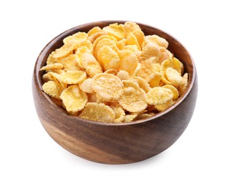 Photo of Bowl of tasty crispy corn flakes isolated on white