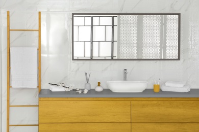 Color of the year 2021. Large mirror over vessel sink in stylish bathroom interior