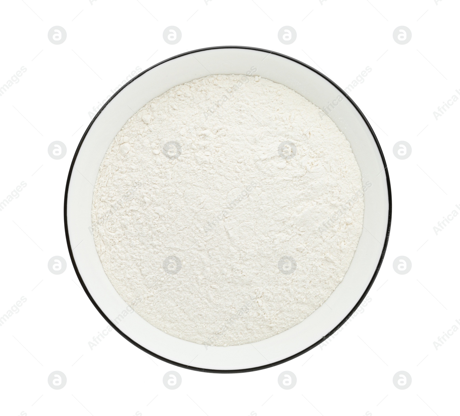 Photo of Organic flour in bowl isolated on white, top view