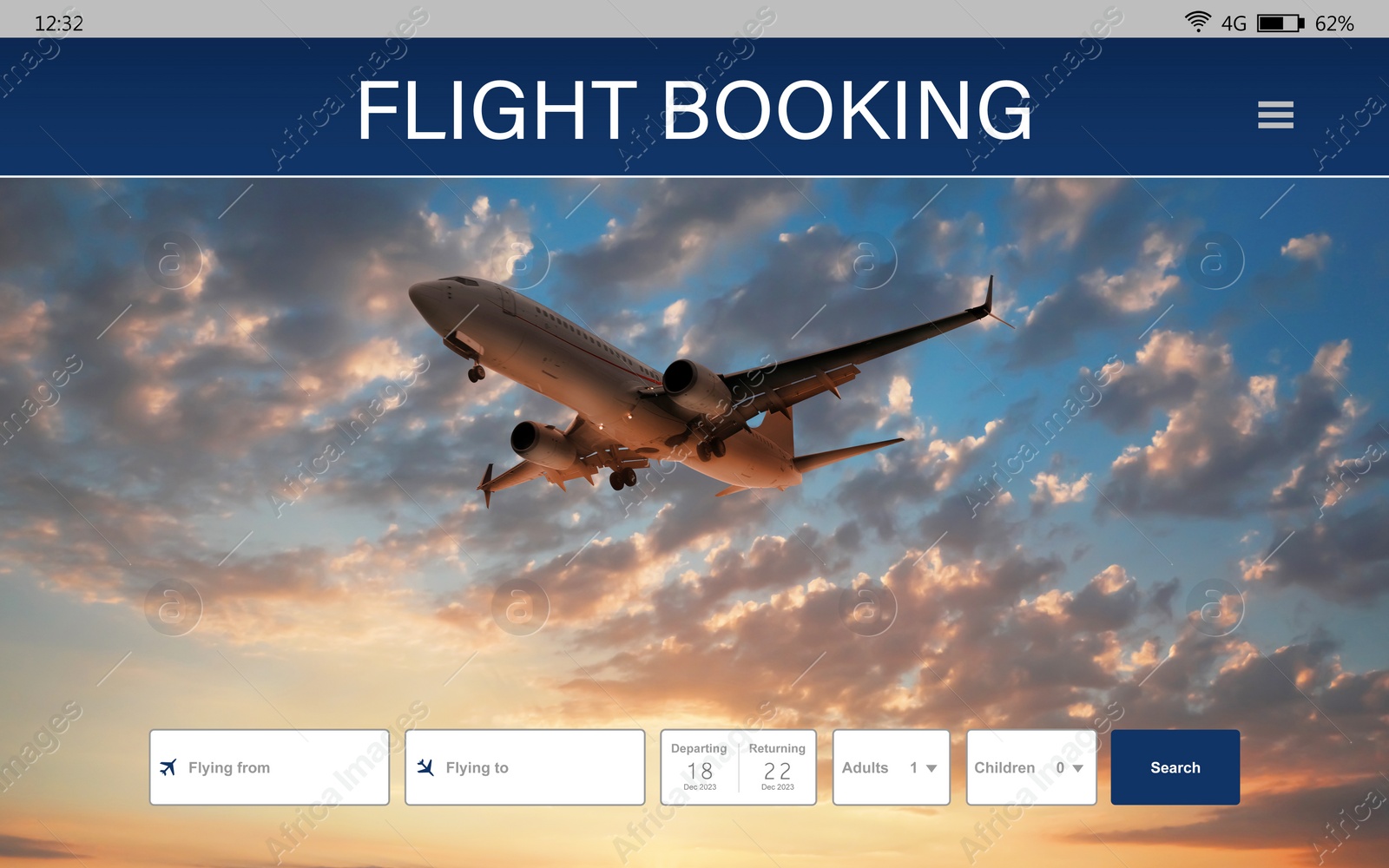 Image of Online flight booking website interface with information