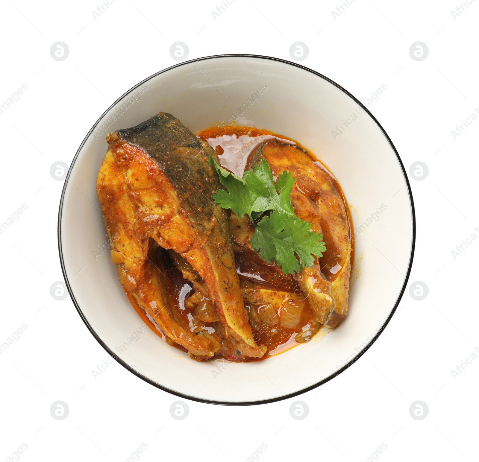 Photo of Tasty fish curry on white background, top view. Indian cuisine