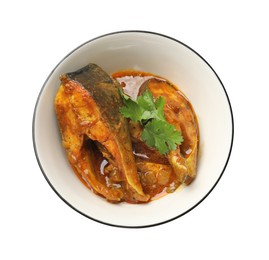 Photo of Tasty fish curry on white background, top view. Indian cuisine