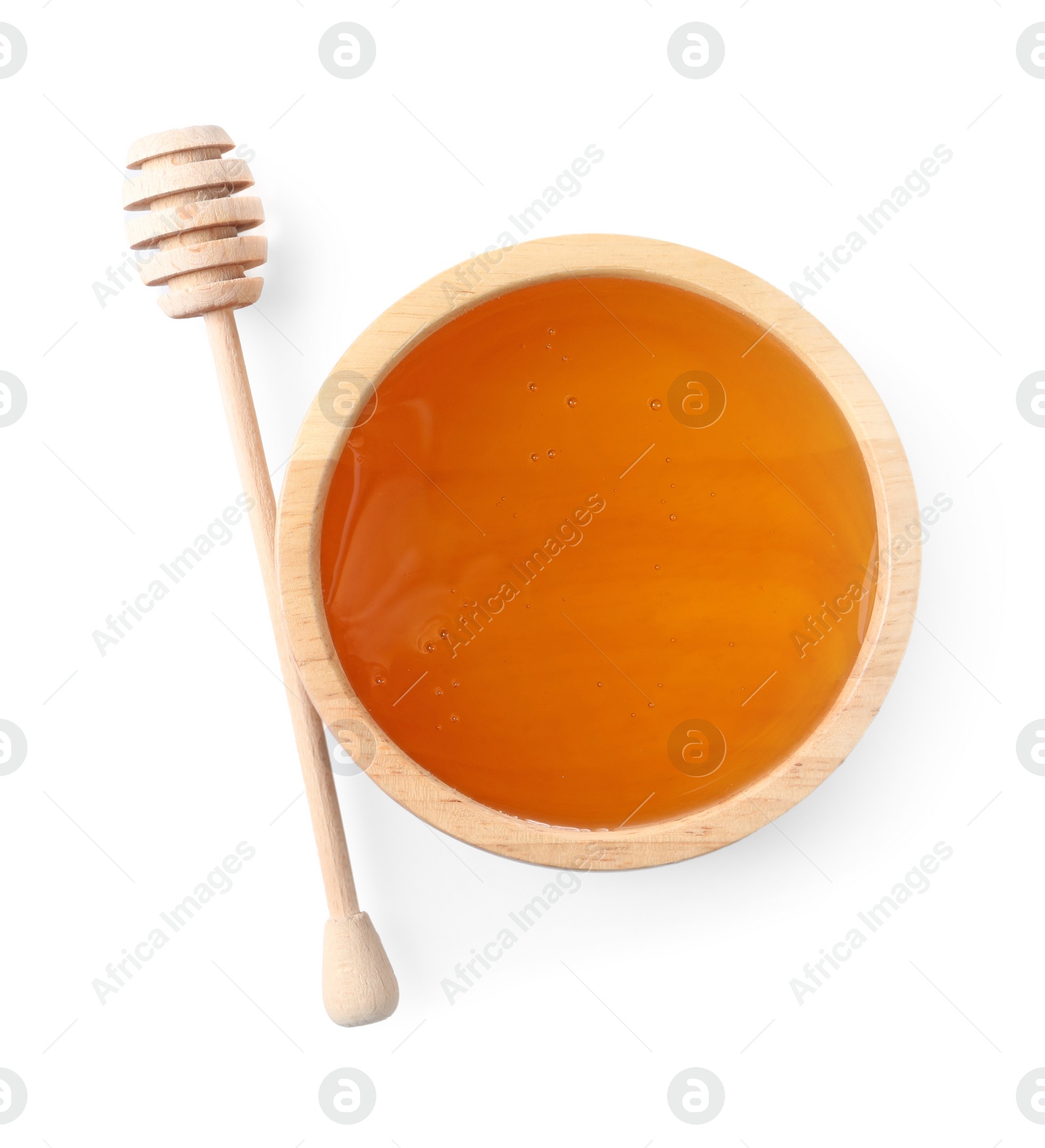 Photo of Tasty honey in bowl and dipper isolated on white, top view