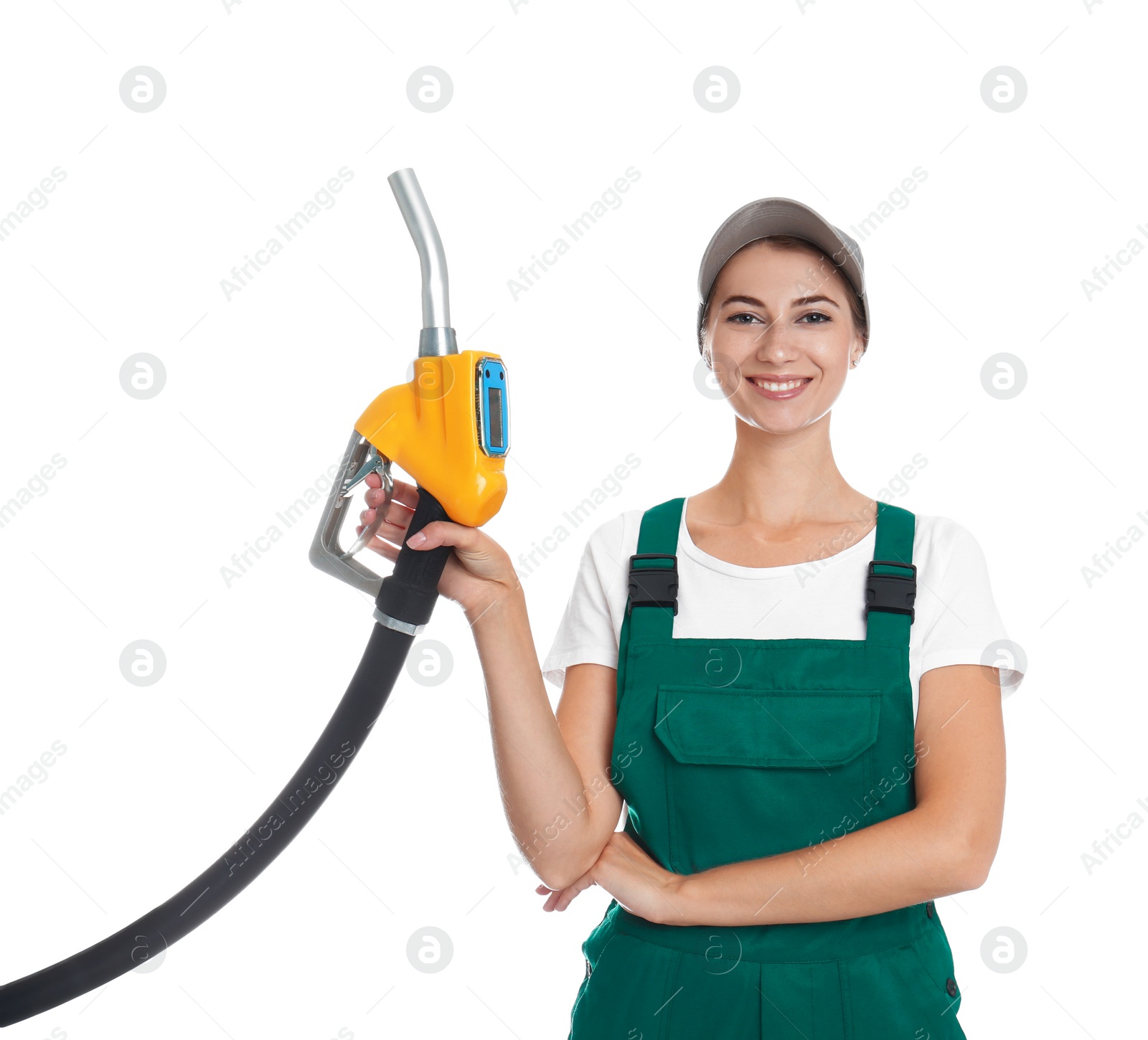 Photo of Gas station worker with fuel nozzle on white background