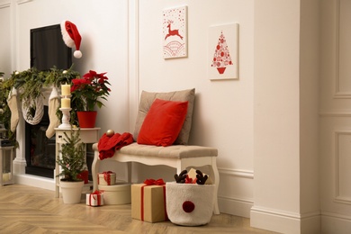 Living room interior with Christmas themed pictures