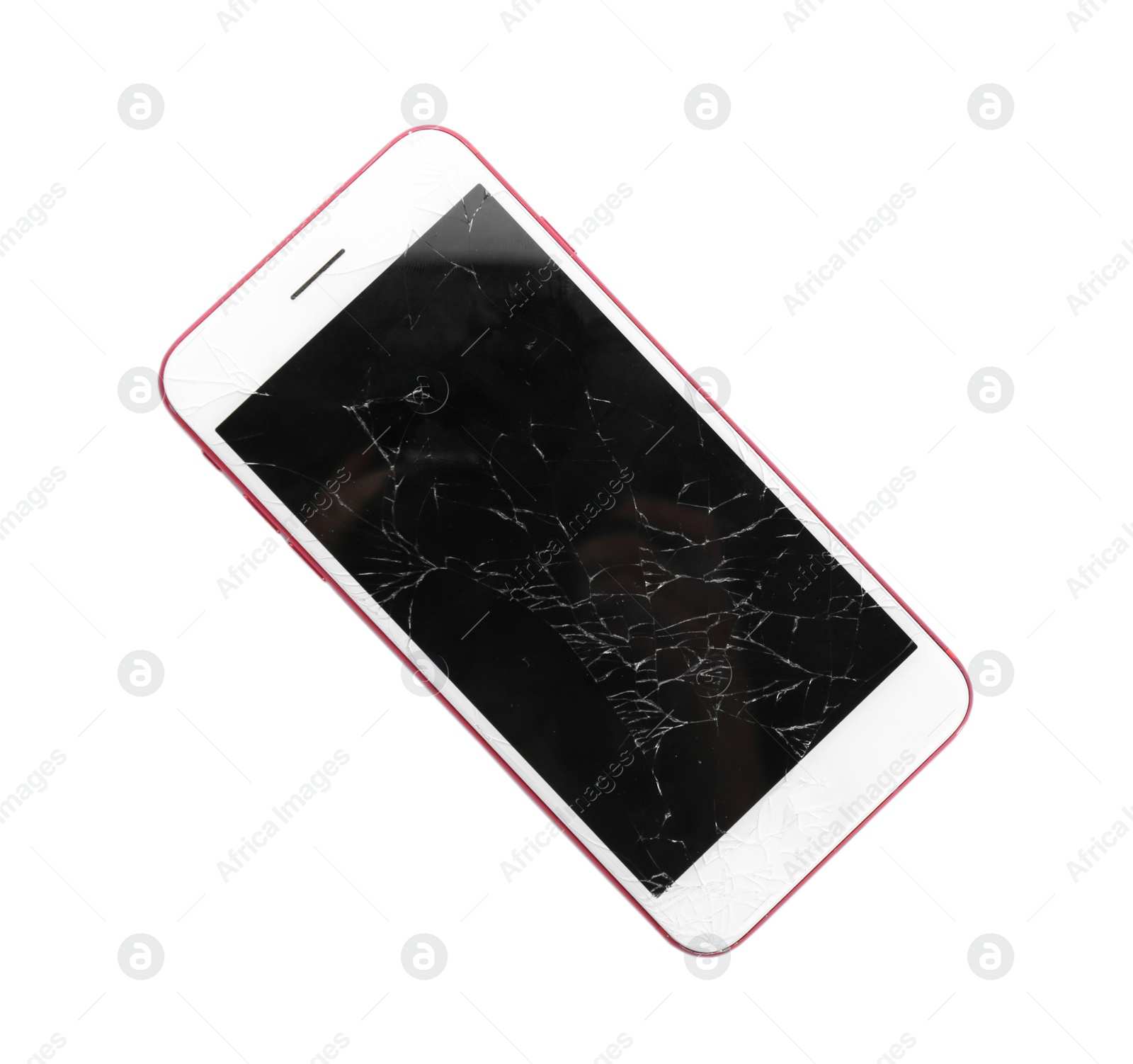 Photo of Modern smartphone with broken display isolated on white. Device repair service