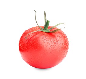 Photo of One red ripe tomato with water drops isolated on white