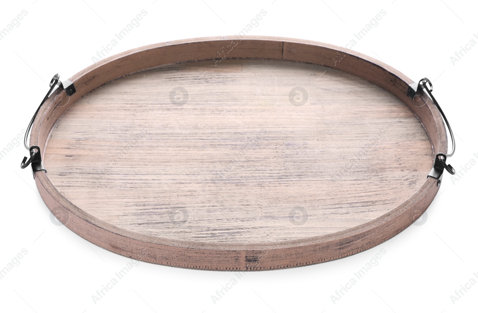 Photo of One empty wooden tray isolated on white