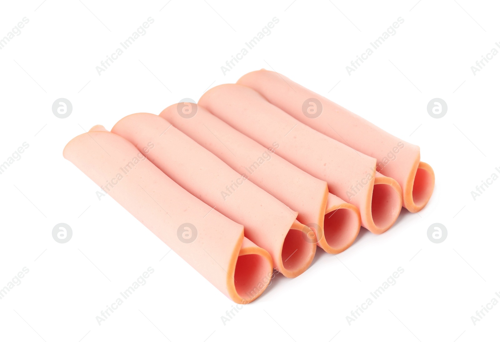 Photo of Slices of delicious boiled sausage on white background