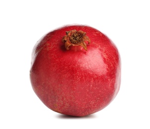 Photo of Ripe pomegranate on white background. Delicious fruit