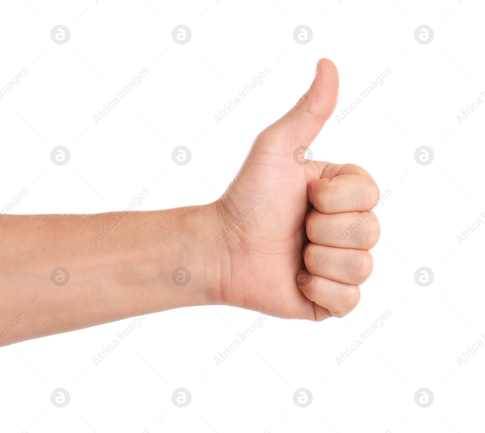 Photo of Man showing thumb up gesture on white background, closeup of hand