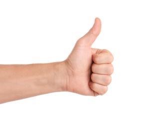Photo of Man showing thumb up gesture on white background, closeup of hand
