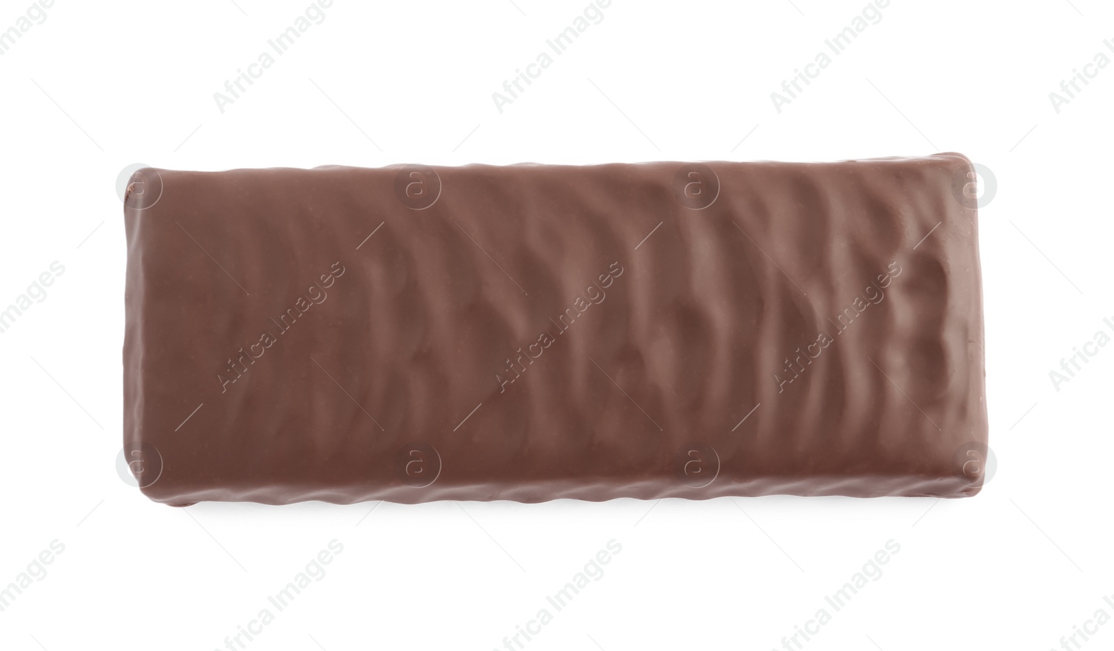 Photo of Tasty chocolate glazed protein bar isolated on white, top view. Healthy snack