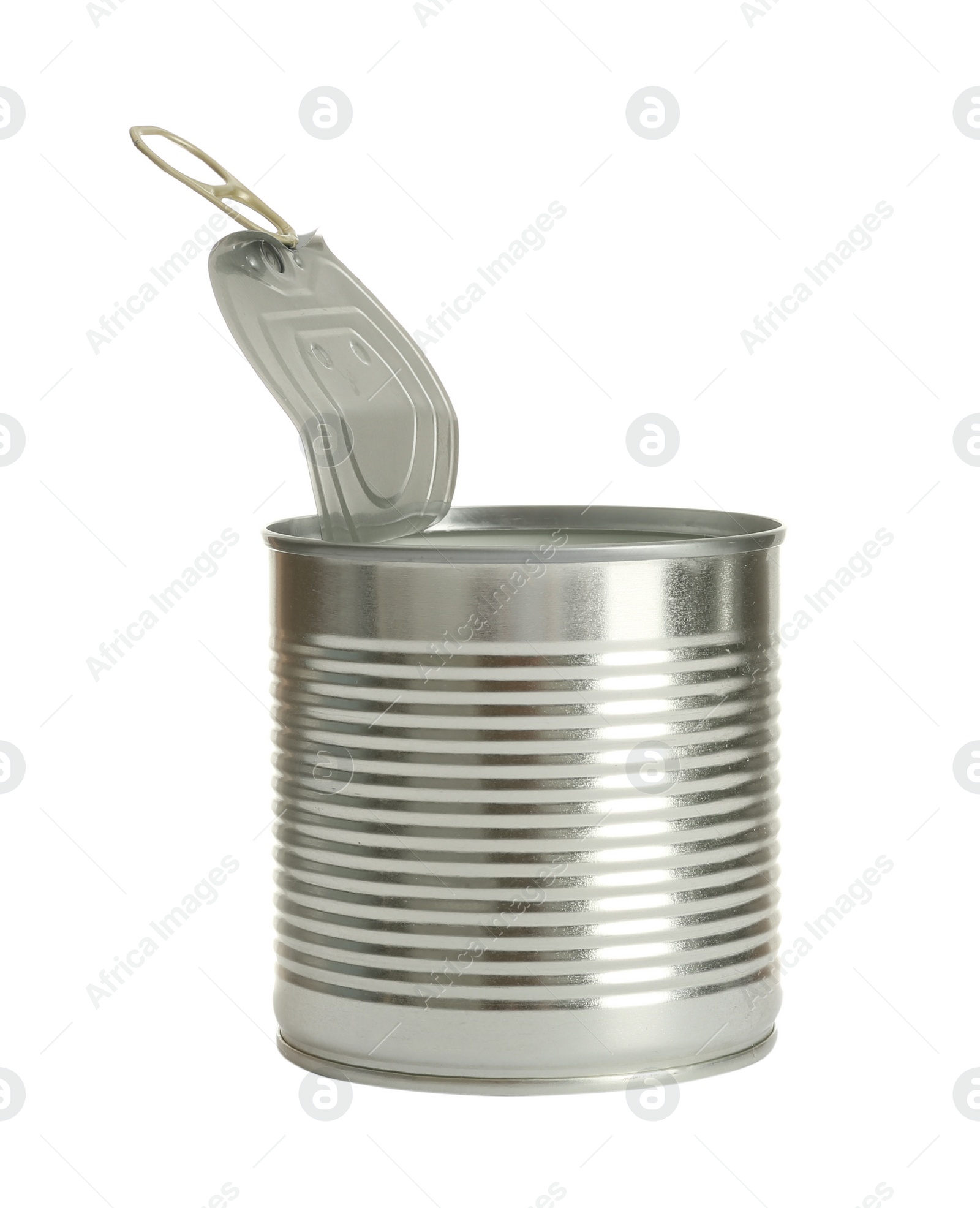 Photo of Open tin can isolated on white, mockup for design