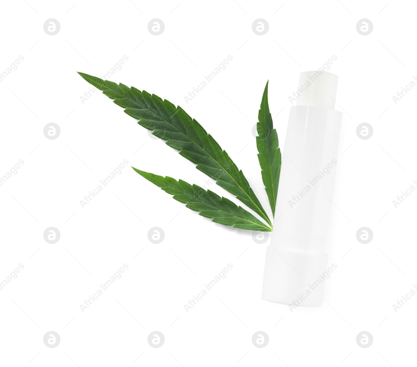 Photo of Hemp lipstick and green leaf on white background, top view. Natural cosmetics