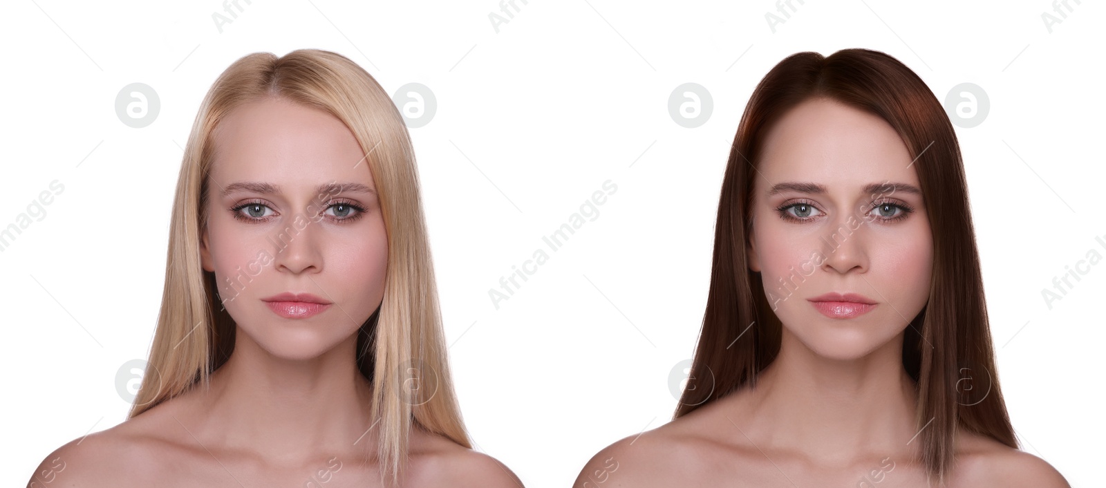 Image of Beautiful young woman before and after hair dyeing on white background, collage. Banner design