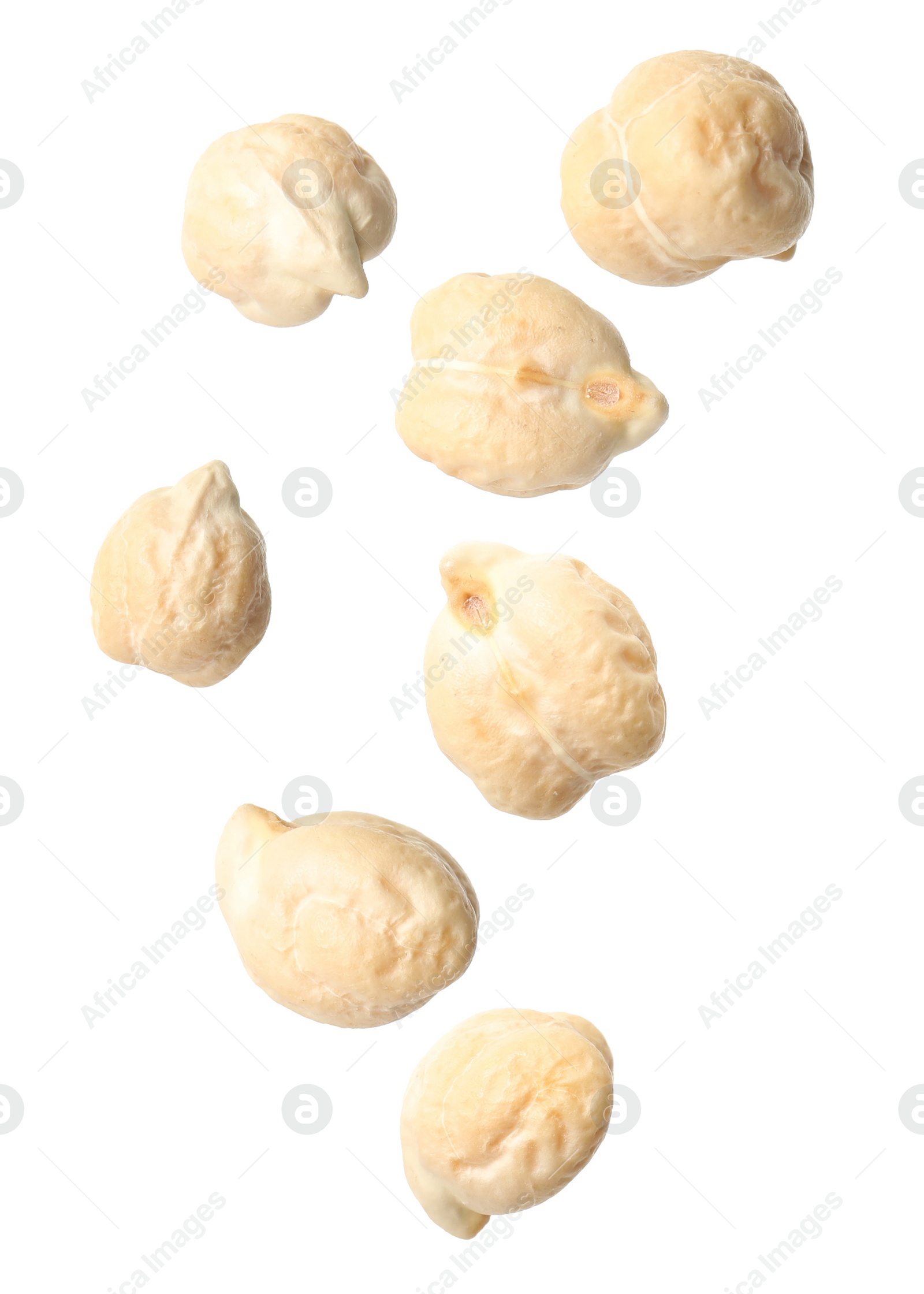 Image of Many chickpeas falling on white background. Vegan diet 