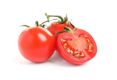 Photo of Fresh organic cherry tomatoes isolated on white