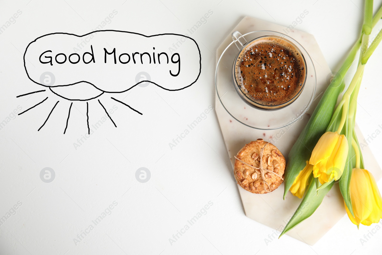 Image of Flat lay composition with aromatic coffee, cookies and beautiful flowers on white table, space for text. Good morning wish