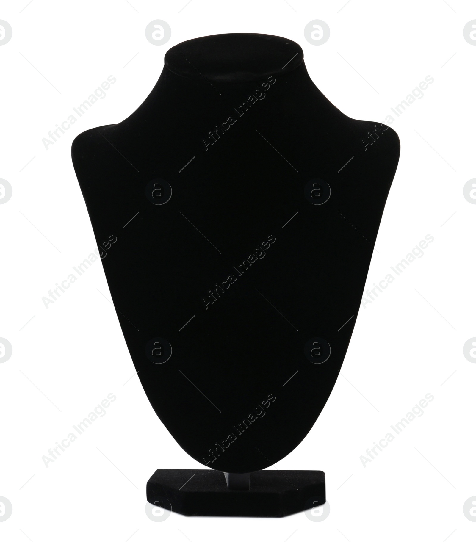 Photo of Empty black velvet jewelry bust isolated on white