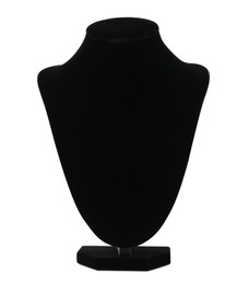 Photo of Empty black velvet jewelry bust isolated on white