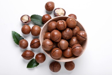 Delicious organic Macadamia nuts on white background, flat lay